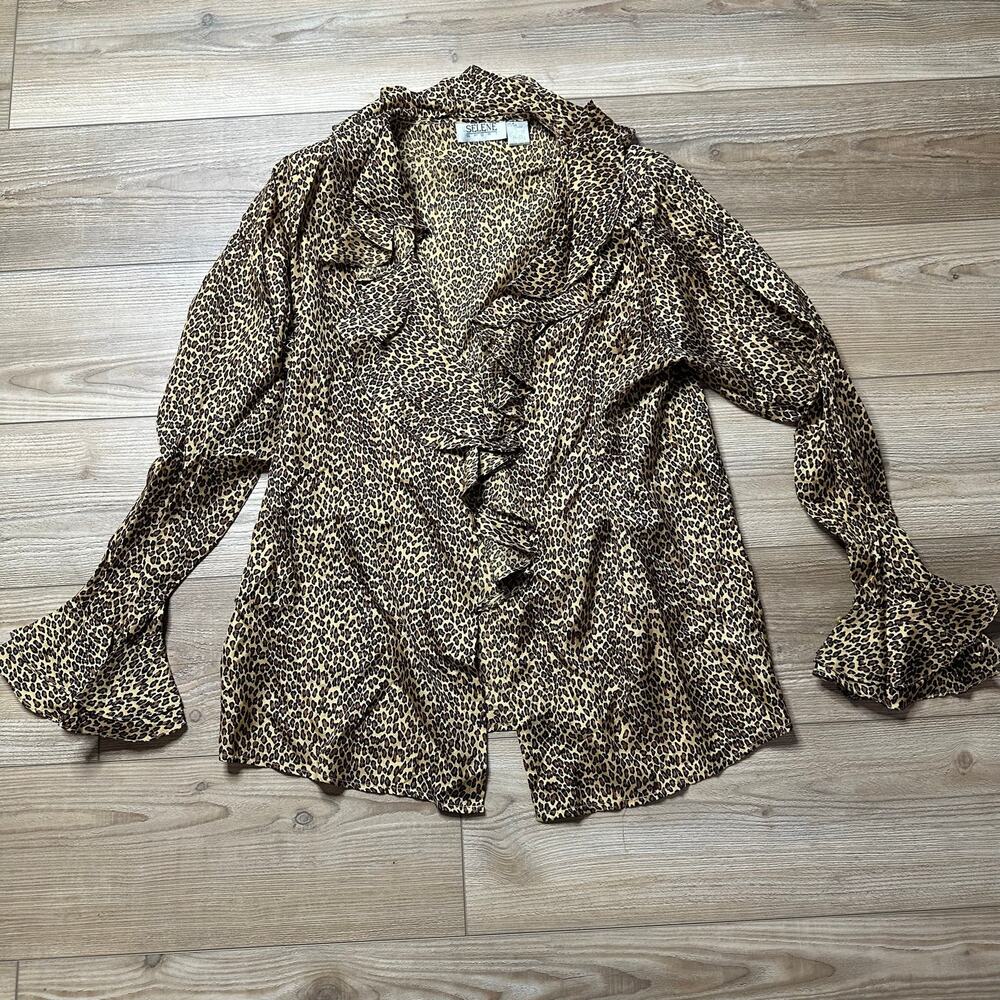 Vintage Y2K Silk Leopard Print Ruffle Button Up Blouse Size XL